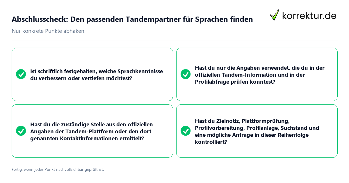 Abschlusscheck: Den passenden Tandempartner für Sprachen finden Konkreter Abschlusscheck zu Den passenden Tandempartner für Sprachen finden