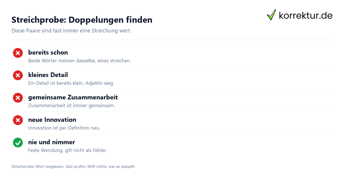 Streichprobe: Doppelungen finden Tautologisch Bedeutung: typische Doppelungen im Text erkennen
