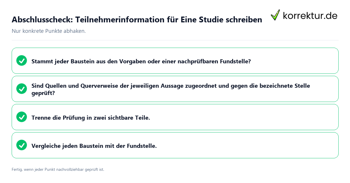 Abschlusscheck: Teilnehmerinformation für Eine Studie schreiben Konkreter Abschlusscheck zu Teilnehmerinformation für Eine Studie schreiben