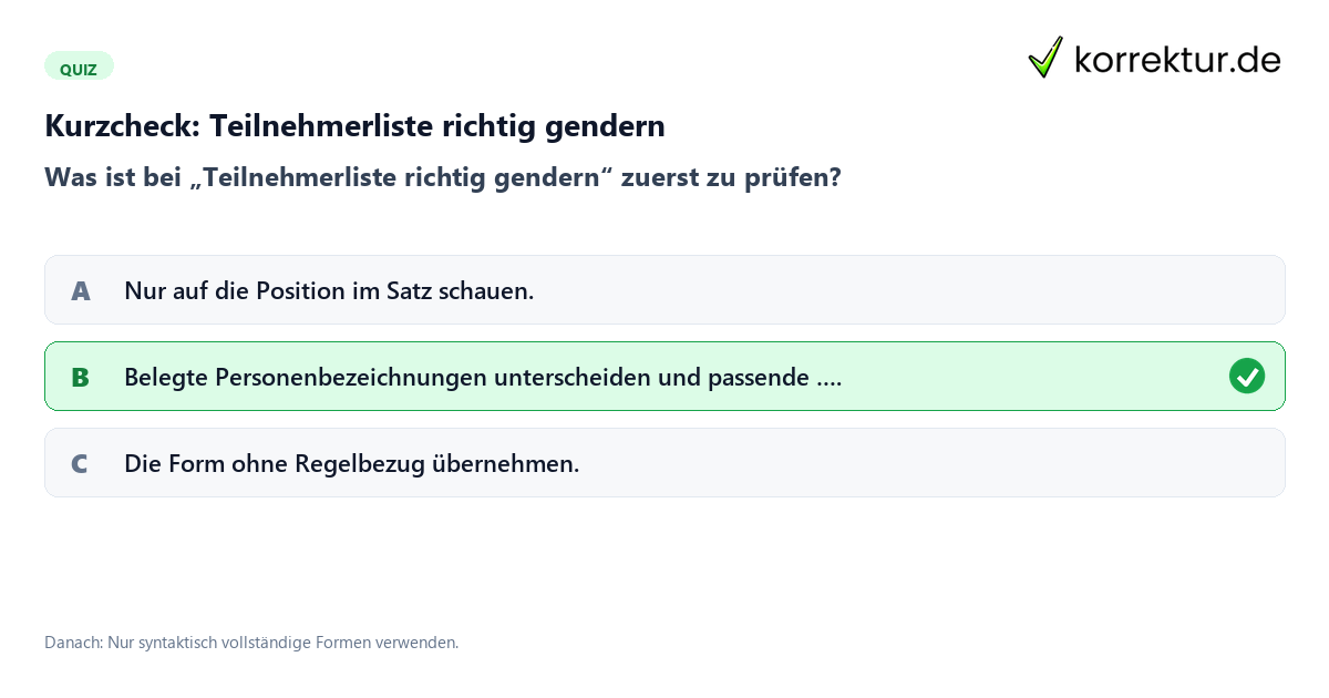 Teilnehmerliste richtig gendern mit einem Kurzquiz zum sinnvollen nächsten Schritt