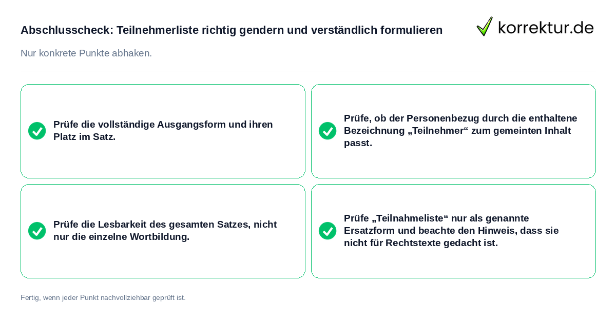 Konkreter Abschlusscheck zu Teilnehmerliste richtig gendern und verständlich formulieren