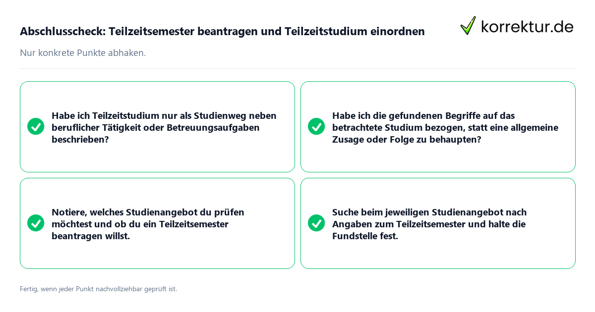Konkreter Abschlusscheck zu Teilzeitsemester beantragen und Teilzeitstudium einordnen