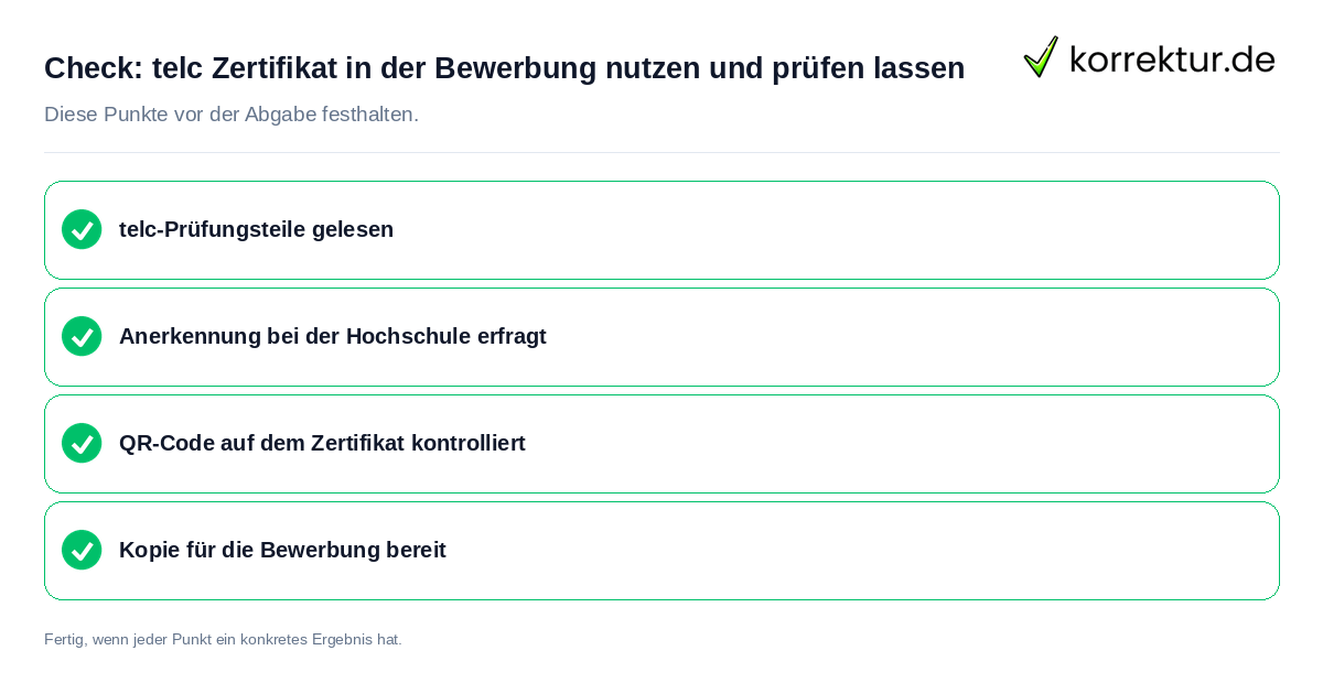 Check: telc Zertifikat in der Bewerbung nutzen und prüfen lassen telc Zertifikat in der Bewerbung nutzen und prüfen lassen: Prüfliste mit vier Punkten