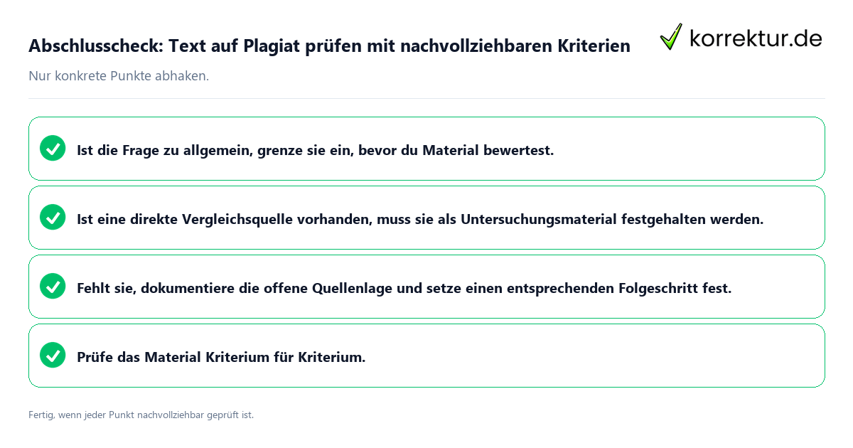 Konkreter Abschlusscheck zu Text auf Plagiat prüfen mit nachvollziehbaren Kriterien