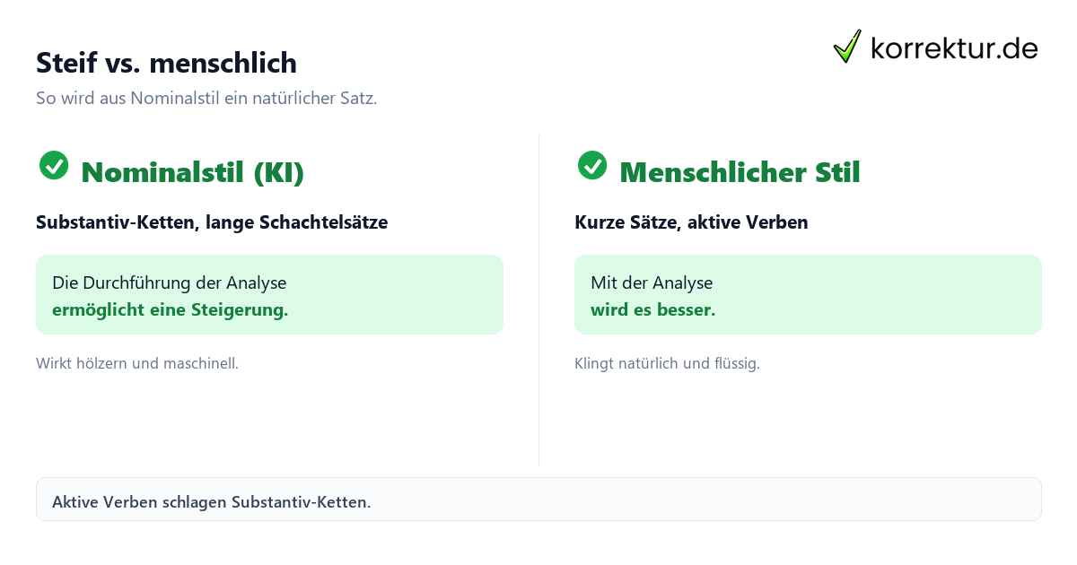 Text menschlicher schreiben mit KI: Vergleich Nominalstil und natürlicher Stil