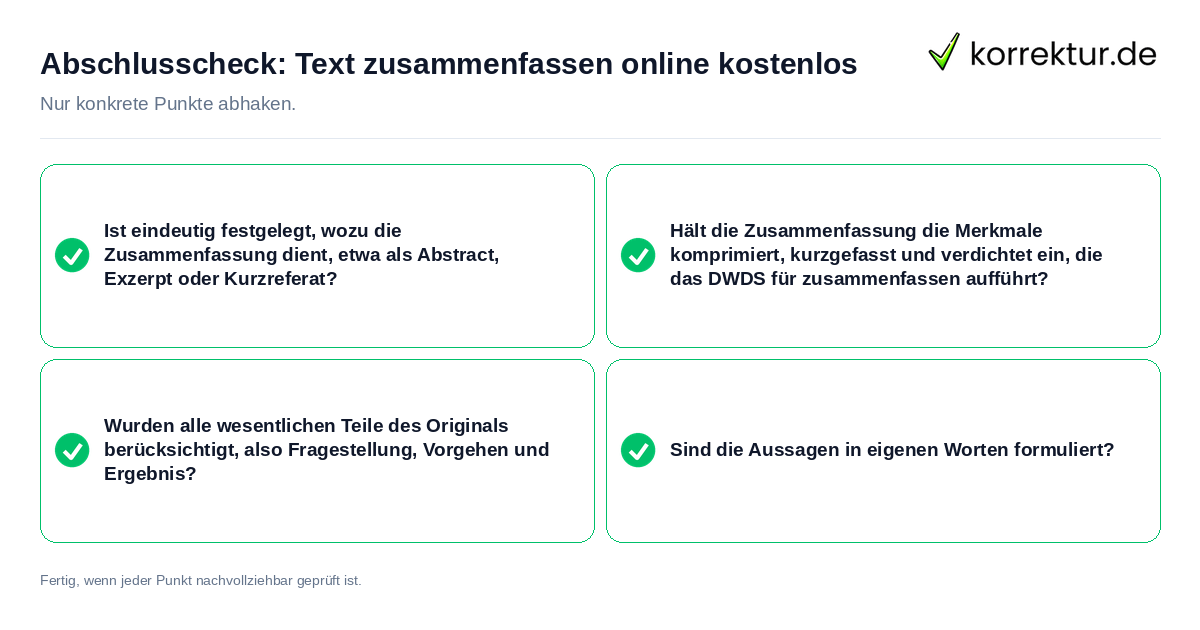 Abschlusscheck: Text zusammenfassen online kostenlos Konkreter Abschlusscheck zu Text zusammenfassen online kostenlos