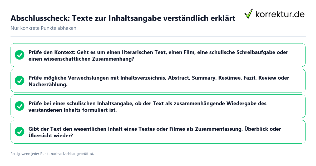 Konkreter Abschlusscheck zu Texte zur Inhaltsangabe verständlich erklärt