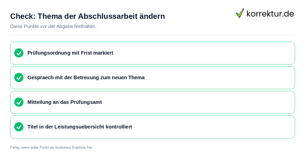 Thema der Abschlussarbeit ändern: Prüfliste mit vier Punkten
