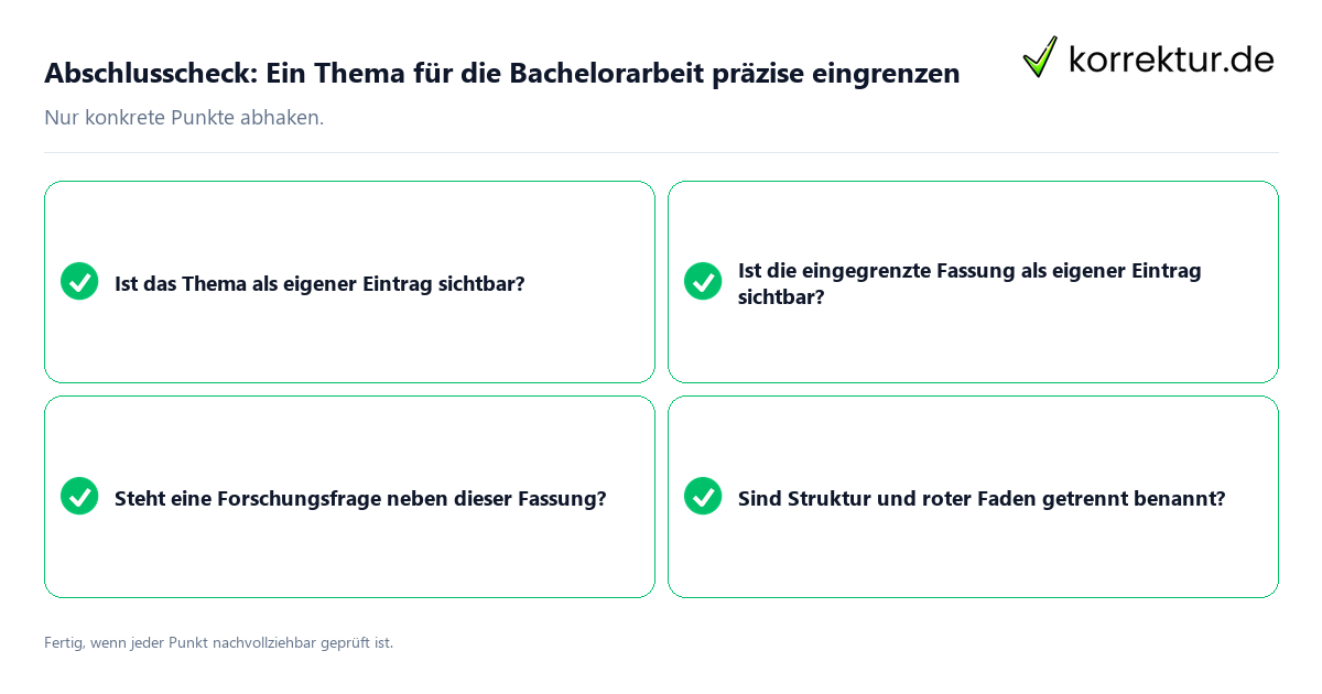Abschlusscheck: Ein Thema für die Bachelorarbeit präzise eingrenzen Konkreter Abschlusscheck zu Ein Thema für die Bachelorarbeit präzise eingrenzen