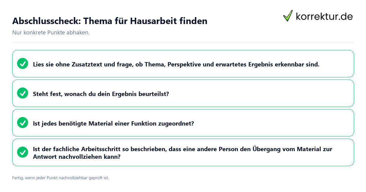Konkreter Abschlusscheck zu Thema für Hausarbeit finden
