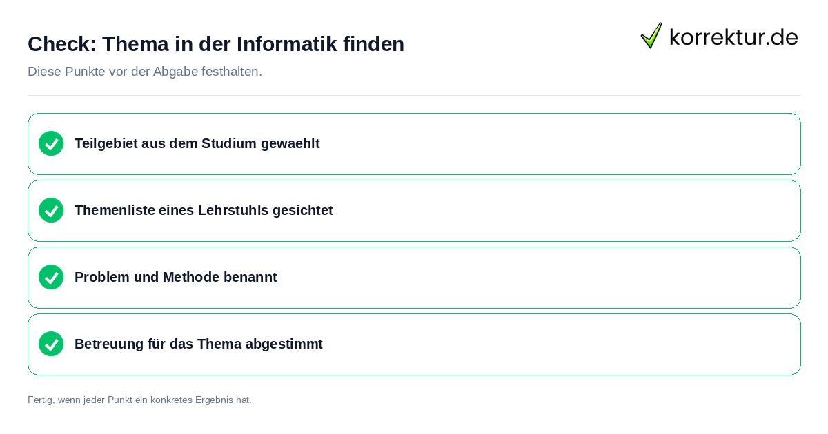 Thema in der Informatik finden: Prüfliste mit vier Punkten