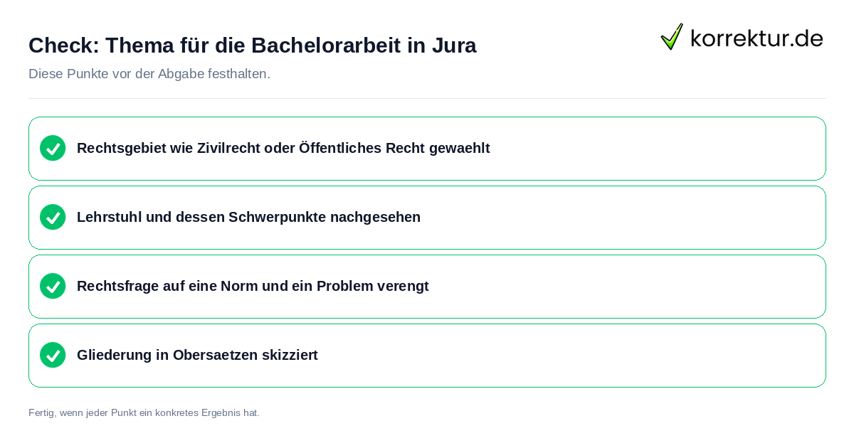 Thema für die Bachelorarbeit in Jura: Prüfliste mit vier Punkten