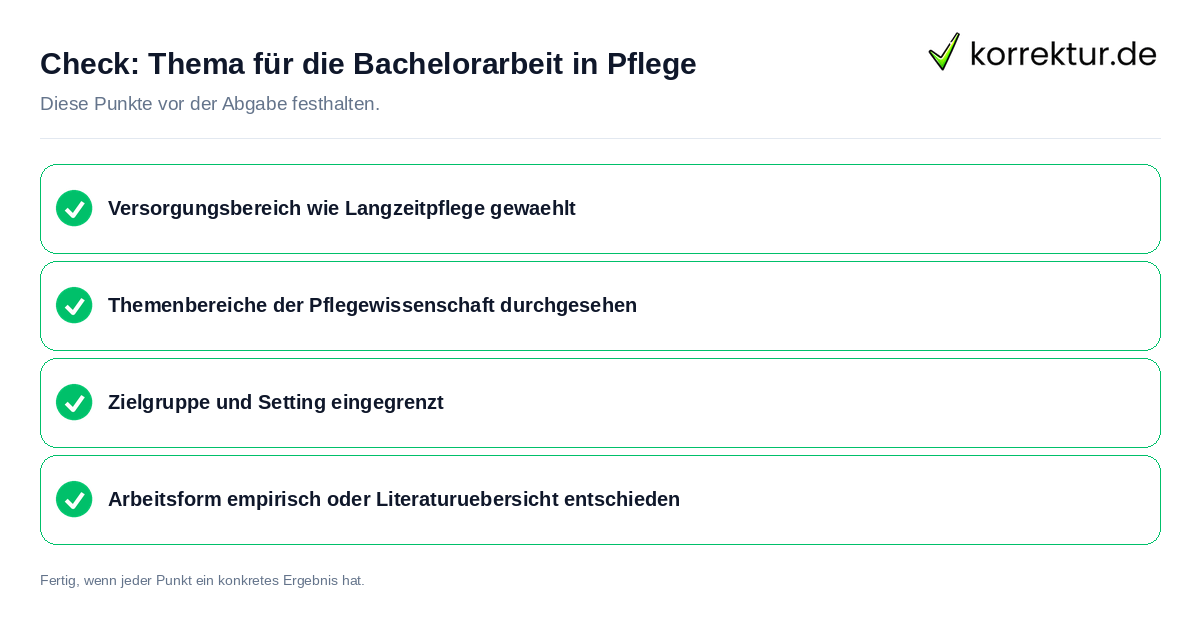 Thema für die Bachelorarbeit in Pflege: Prüfliste mit vier Punkten