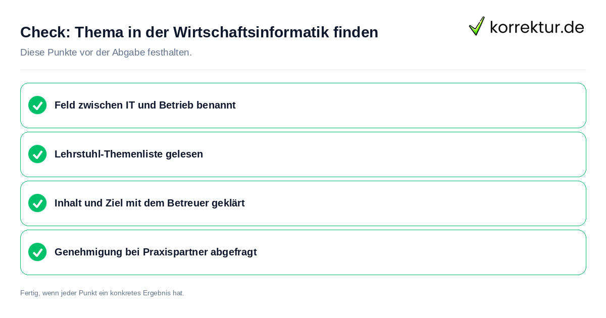 Thema in der Wirtschaftsinformatik finden: Prüfliste mit vier Punkten