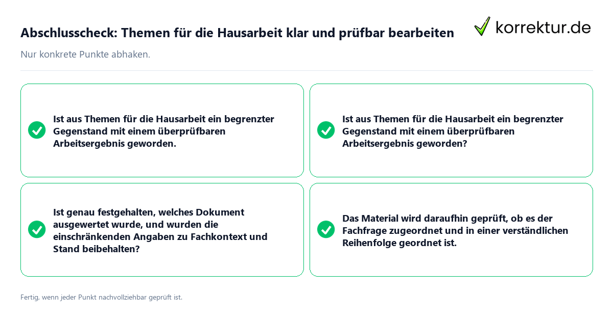 Konkreter Abschlusscheck zu Themen für die Hausarbeit klar und prüfbar bearbeiten