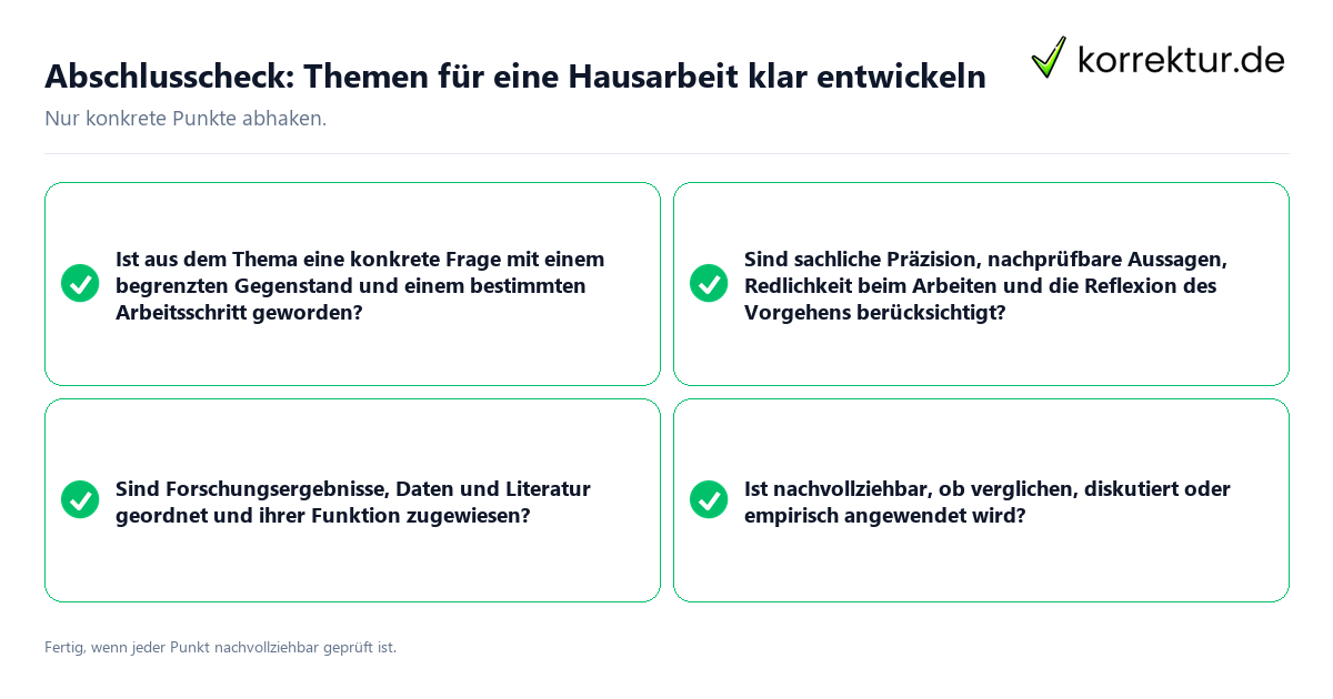 Abschlusscheck: Themen für eine Hausarbeit klar entwickeln Konkreter Abschlusscheck zu Themen für eine Hausarbeit klar entwickeln