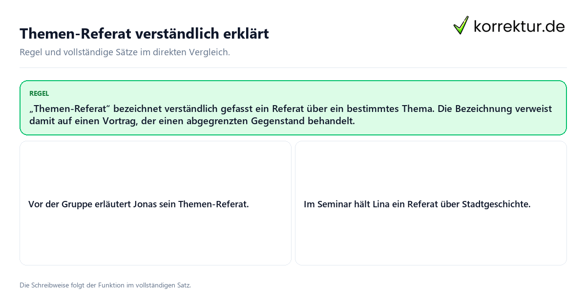 Konkrete Regel und vollständige Beispielsätze zu Themen-Referat verständlich erklärt