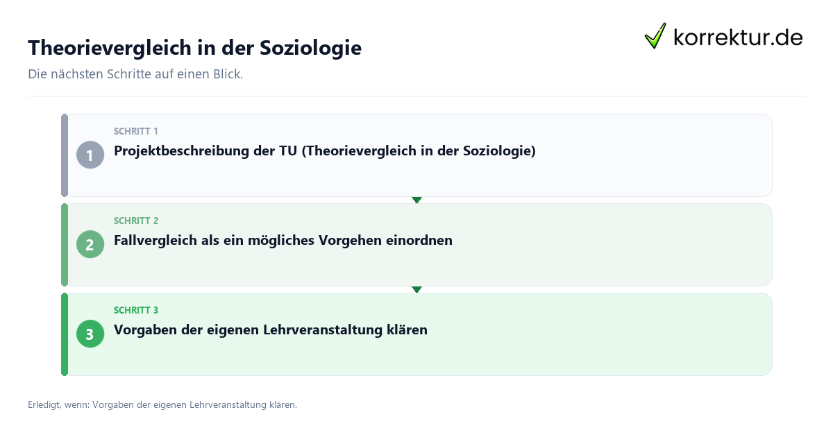 Theorievergleich in der Soziologie mit einem Ablauf aus Prüfung, Kontakt und Dokumentation