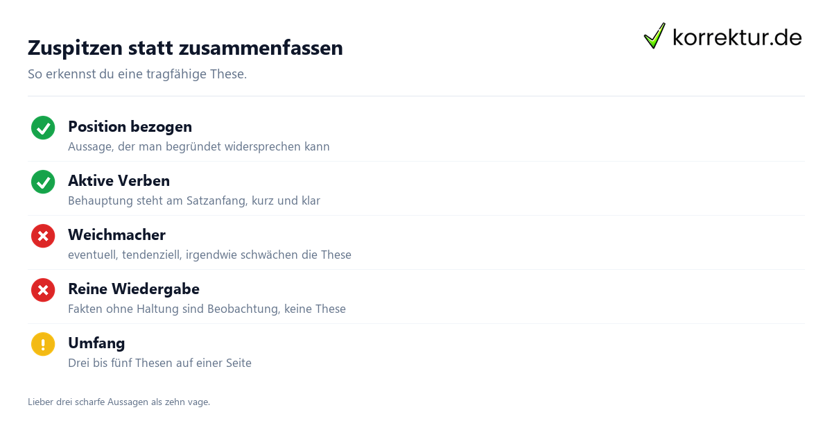 Zuspitzen statt zusammenfassen Thesenpapier schreiben: Merkmale einer guten These