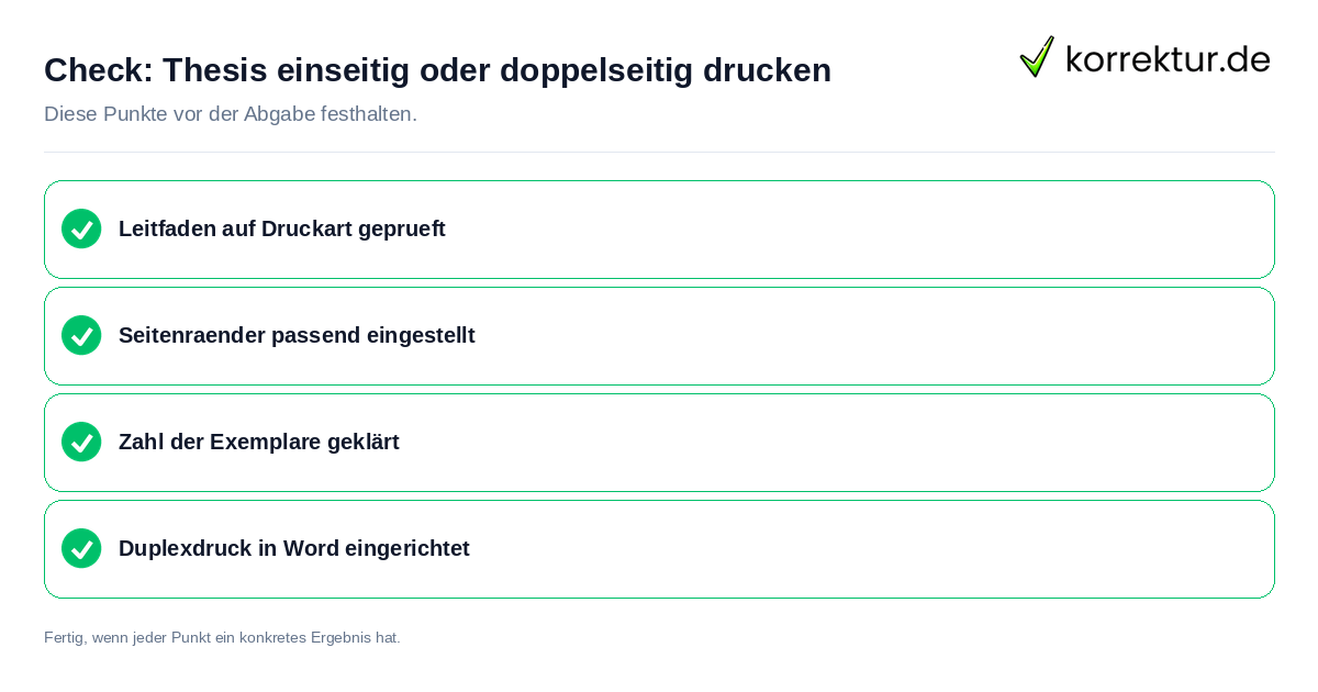 Check: Thesis einseitig oder doppelseitig drucken Thesis einseitig oder doppelseitig drucken: Prüfliste mit vier Punkten