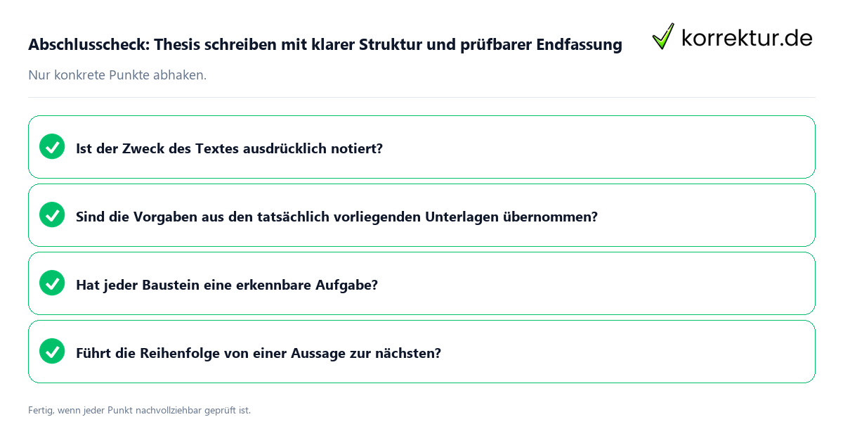 Konkreter Abschlusscheck zu Thesis schreiben mit klarer Struktur und prüfbarer Endfassung