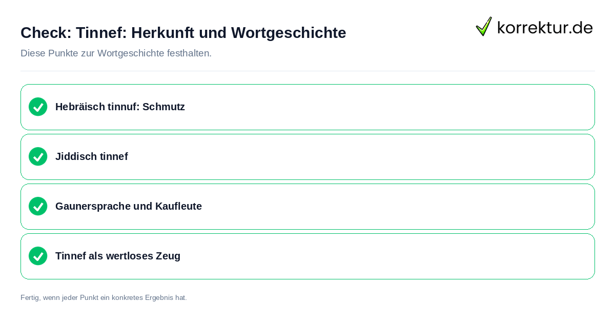 Tinnef: Herkunft und Wortgeschichte: Prüfliste mit vier Punkten