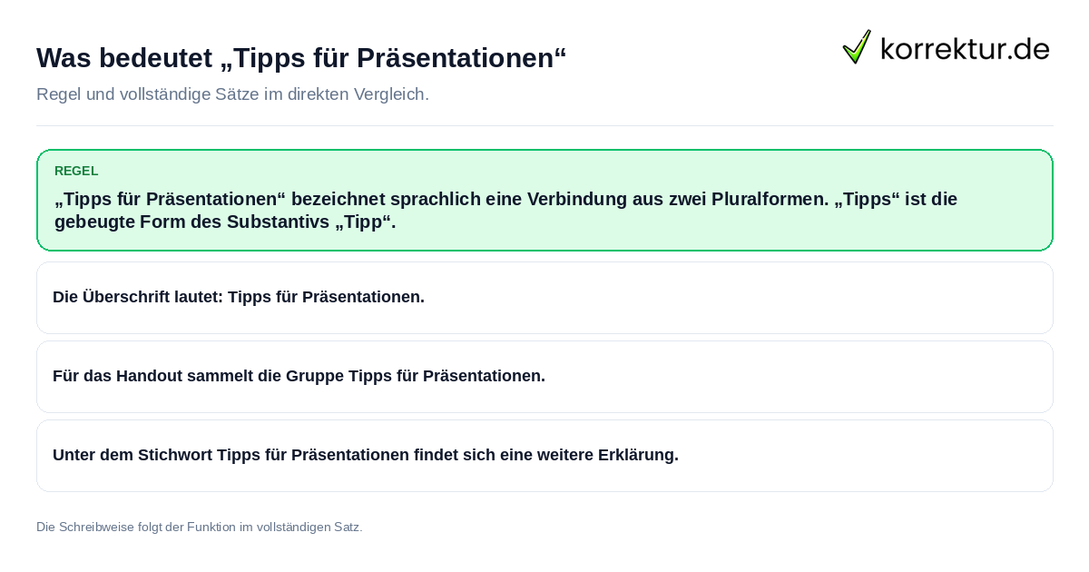 Was bedeutet „Tipps für Präsentationen“ Konkrete Regel und vollständige Beispielsätze zu Was bedeutet „Tipps für Präsentationen“