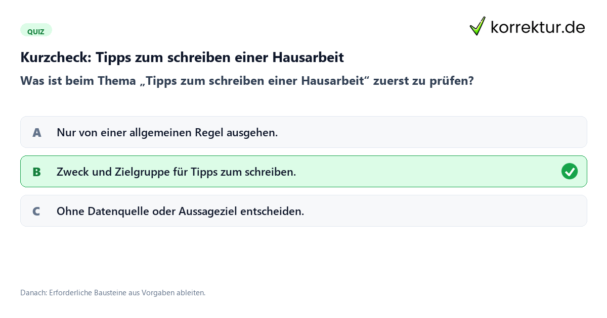 Tipps zum schreiben einer Hausarbeit mit einem Kurzquiz zum sinnvollen nächsten Schritt