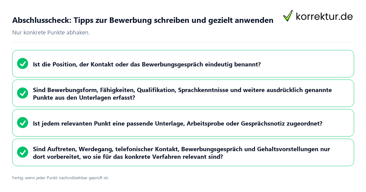 Konkreter Abschlusscheck zu Tipps zur Bewerbung schreiben und gezielt anwenden