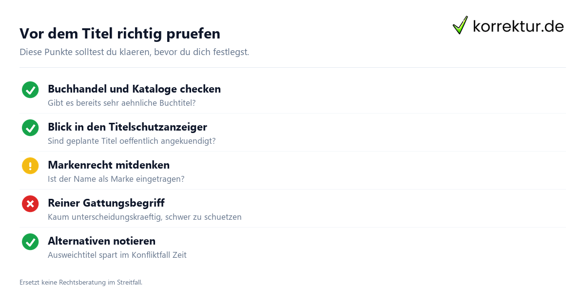 Vor dem Titel richtig prüfen Titelschutz Buchtitel Checkliste vor Veröffentlichung