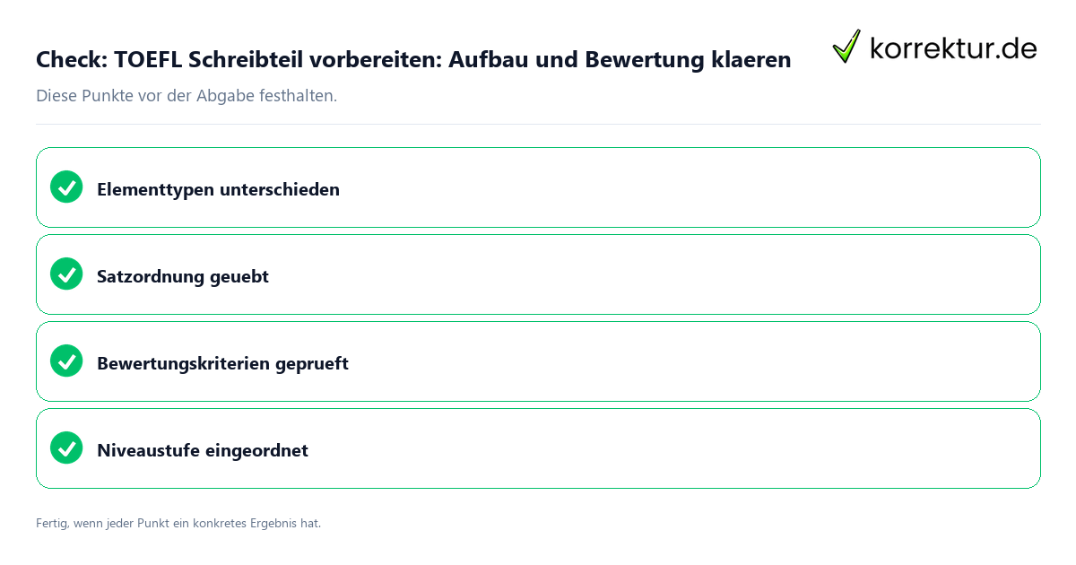 TOEFL Schreibteil vorbereiten: Aufbau und Bewertung klären: Prüfliste mit vier Punkten