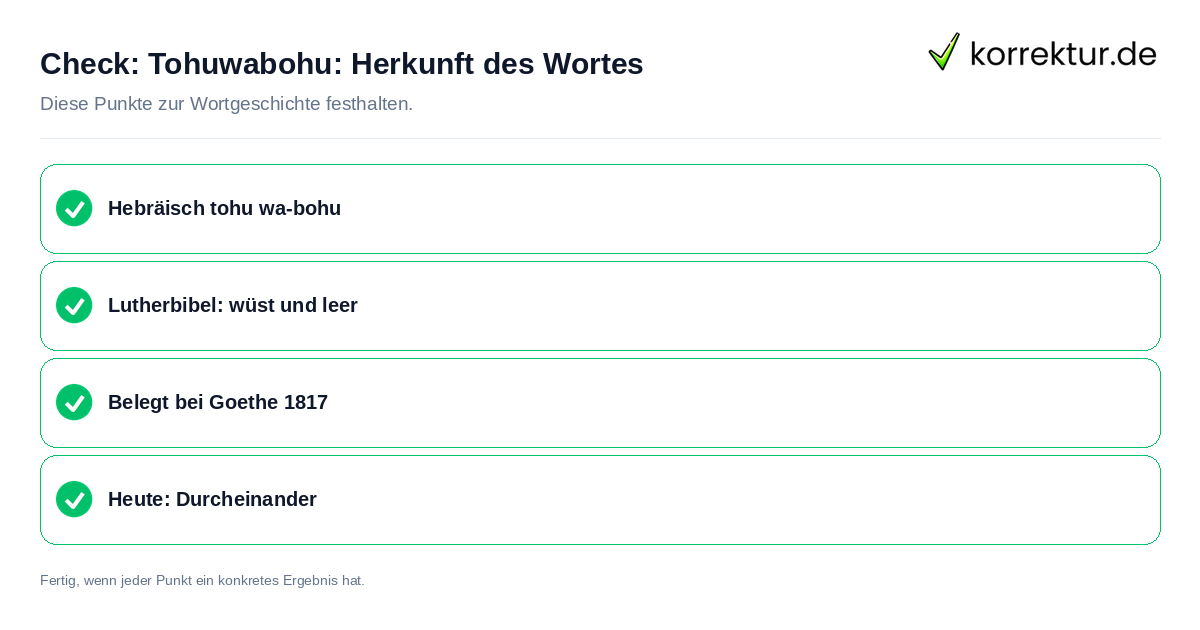 Tohuwabohu: Herkunft des Wortes: Prüfliste mit vier Punkten