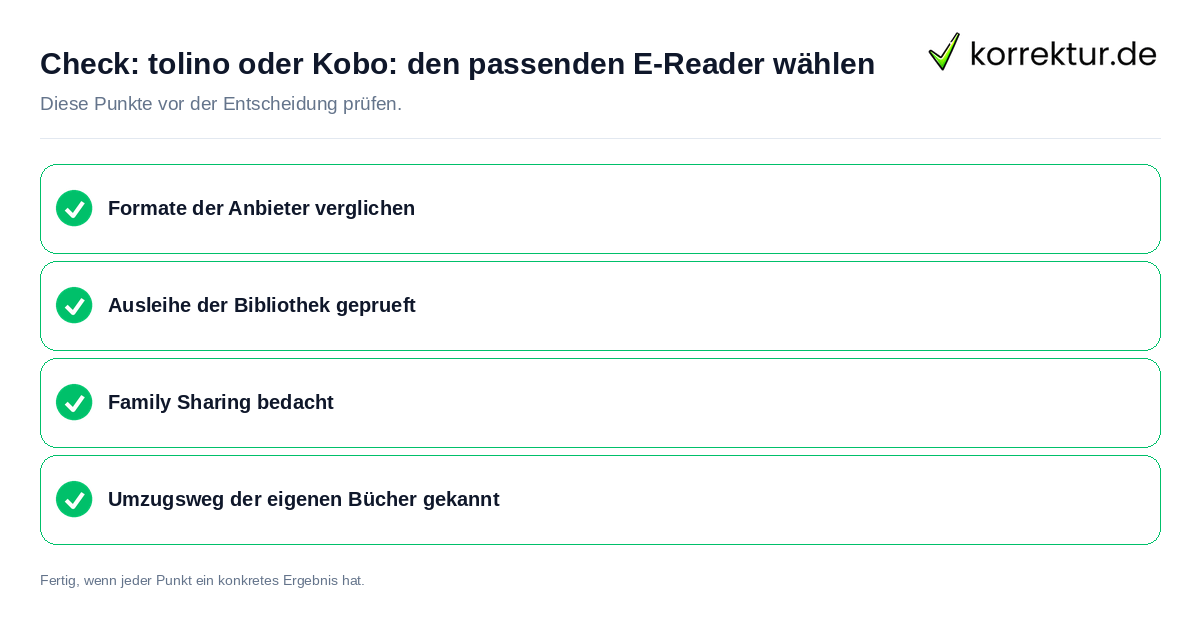 Check: tolino oder Kobo: den passenden E-Reader wählen tolino oder Kobo: den passenden E-Reader wählen: Prüfliste mit vier Punkten