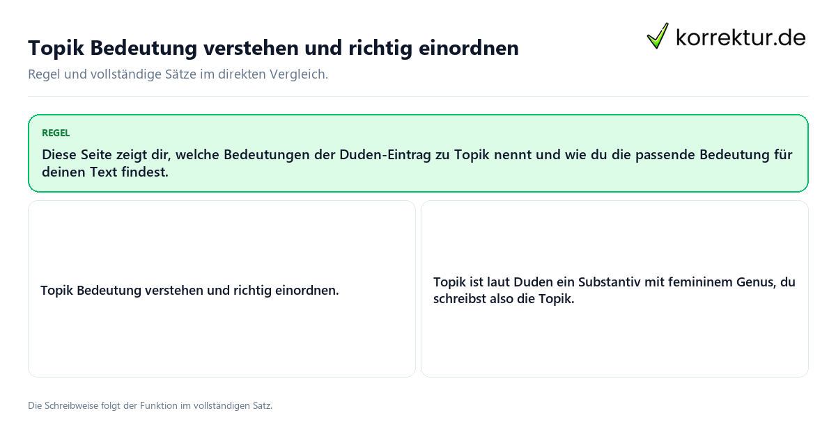 Konkrete Regel und vollständige Beispielsätze zu Topik Bedeutung verstehen und richtig einordnen
