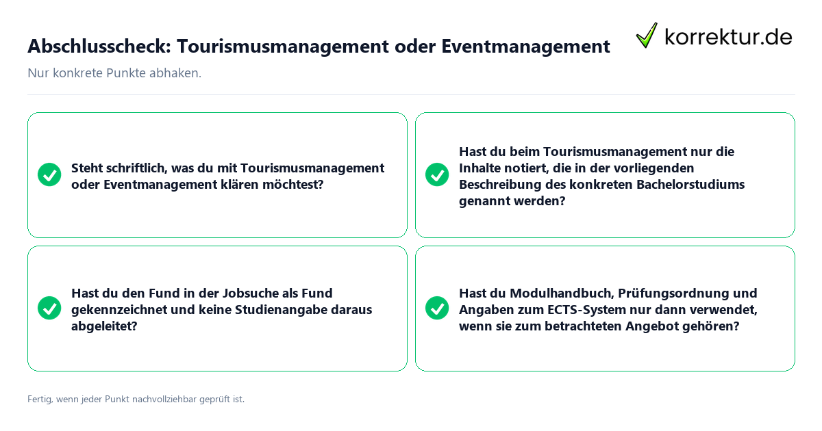 Konkreter Abschlusscheck zu Tourismusmanagement oder Eventmanagement