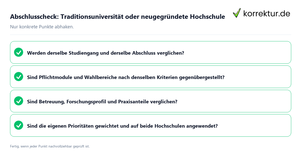 Konkreter Abschlusscheck zu Traditionsuniversität oder neugegründete Hochschule