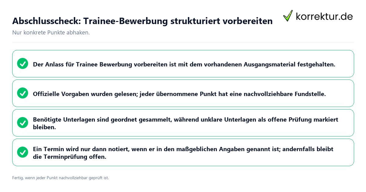Konkreter Abschlusscheck zu Trainee-Bewerbung strukturiert vorbereiten