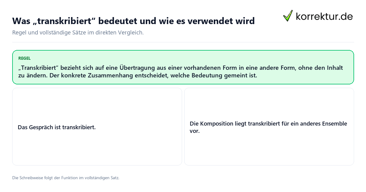 Konkrete Regel und vollständige Beispielsätze zu Was „transkribiert“ bedeutet und wie es verwendet wird