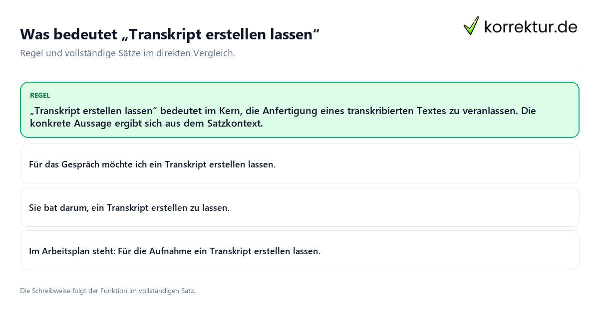 Was bedeutet „Transkript erstellen lassen“ Konkrete Regel und vollständige Beispielsätze zu Was bedeutet „Transkript erstellen lassen“