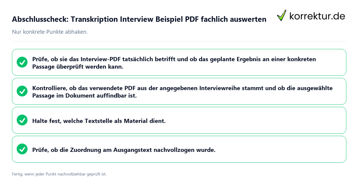Konkreter Abschlusscheck zu Transkription Interview Beispiel PDF fachlich auswerten