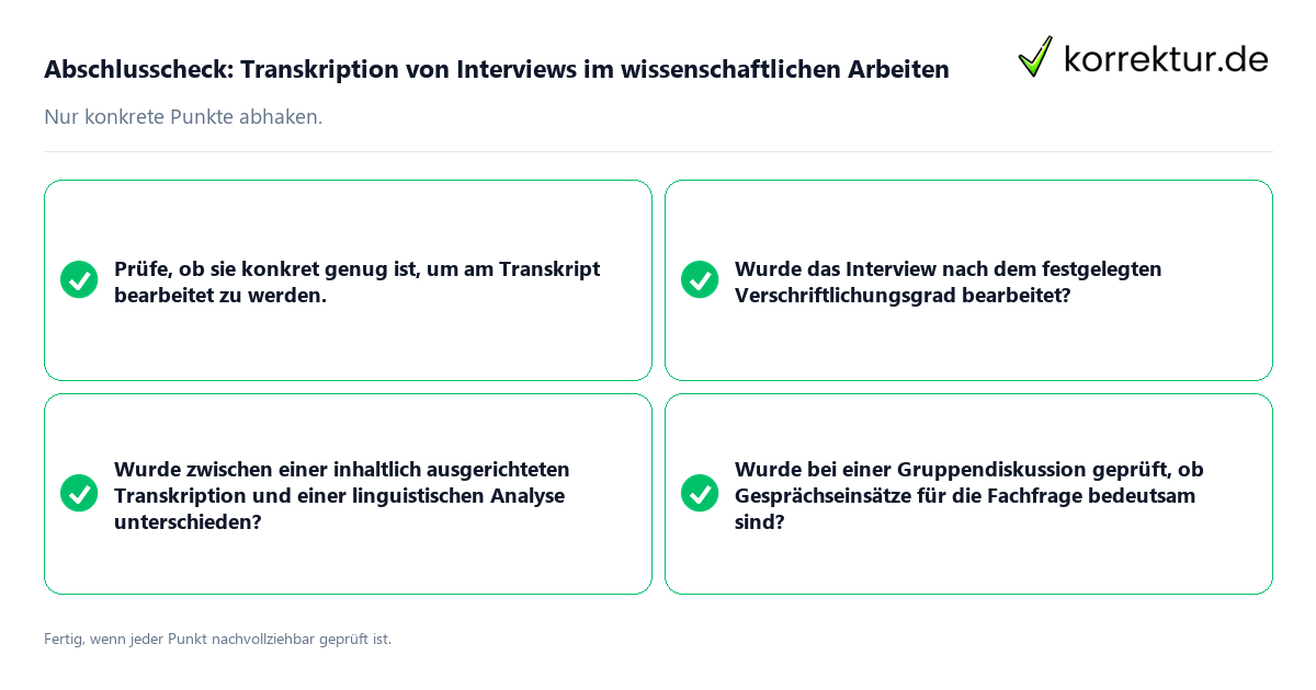 Abschlusscheck: Transkription von Interviews im wissenschaftlichen Arbeiten Konkreter Abschlusscheck zu Transkription von Interviews im wissenschaftlichen Arbeiten