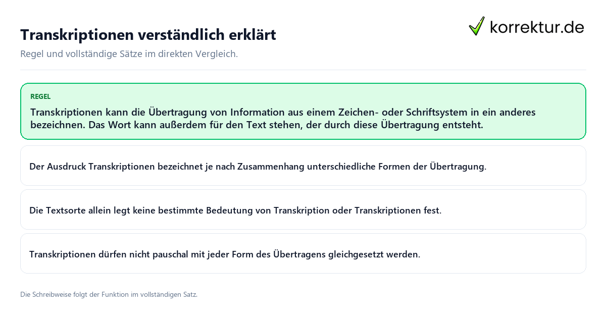 Konkrete Regel und vollständige Beispielsätze zu Transkriptionen verständlich erklärt