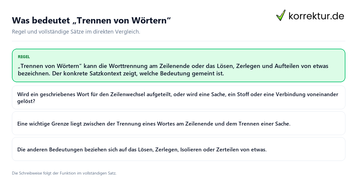 Konkrete Regel und vollständige Beispielsätze zu Was bedeutet „Trennen von Wörtern“