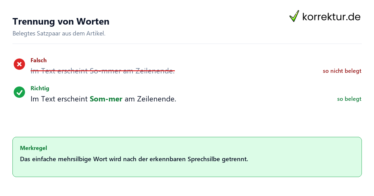 Falsches und richtiges Satzbeispiel zu Trennung von Worten