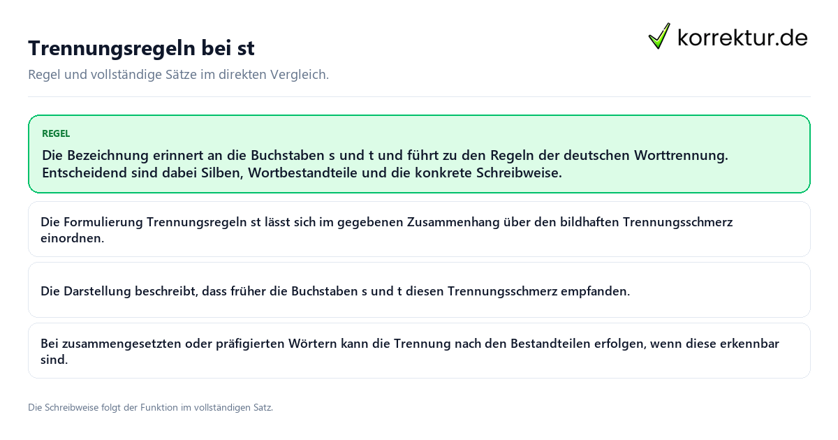 Konkrete Regel und vollständige Beispielsätze zu Trennungsregeln bei st