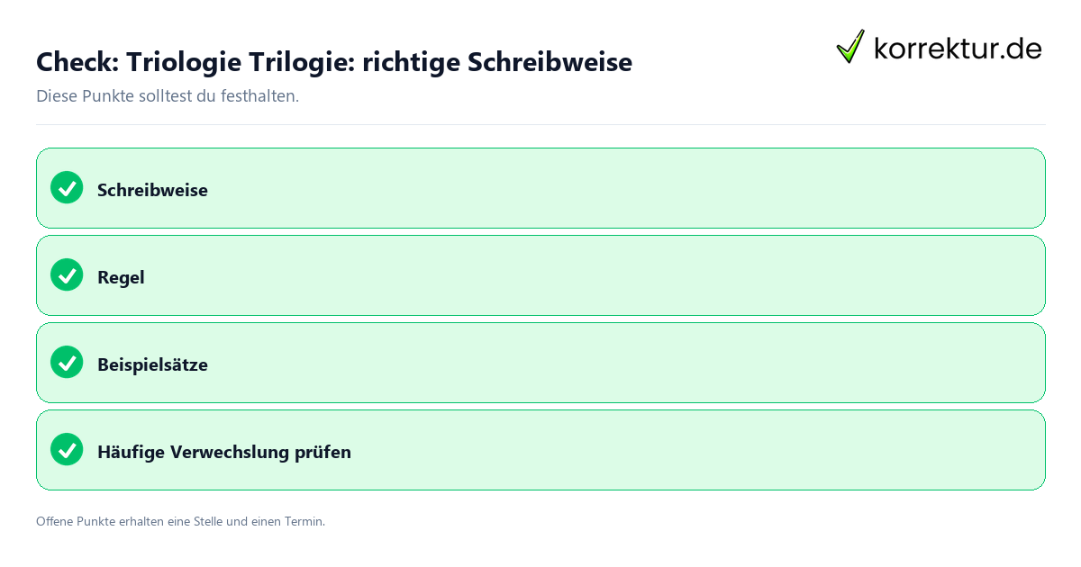 Triologie Trilogie: richtige Schreibweise mit Checkliste für Unterlagen und nächste Schritte