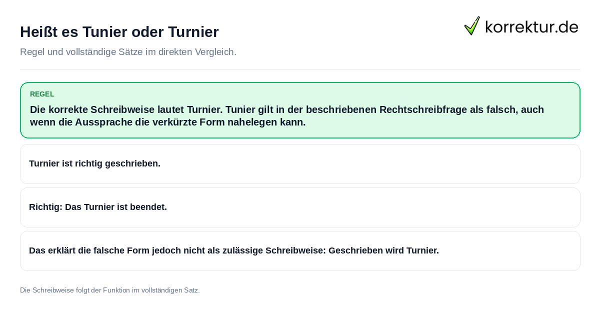 Konkrete Regel und vollständige Beispielsätze zu Heißt es Tunier oder Turnier