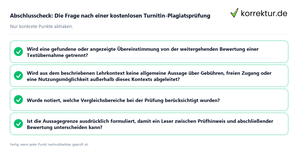 Abschlusscheck: Die Frage nach einer kostenlosen Turnitin-Plagiatsprüfung Konkreter Abschlusscheck zu Die Frage nach einer kostenlosen Turnitin-Plagiatsprüfung