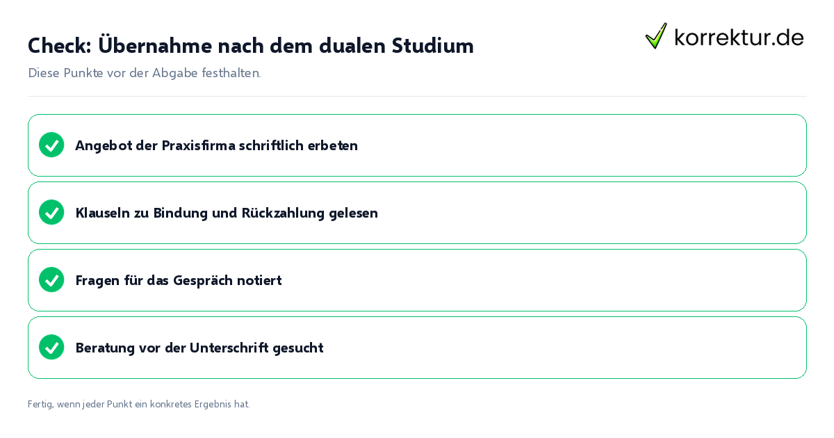 Übernahme nach dem dualen Studium: Prüfliste mit vier Punkten
