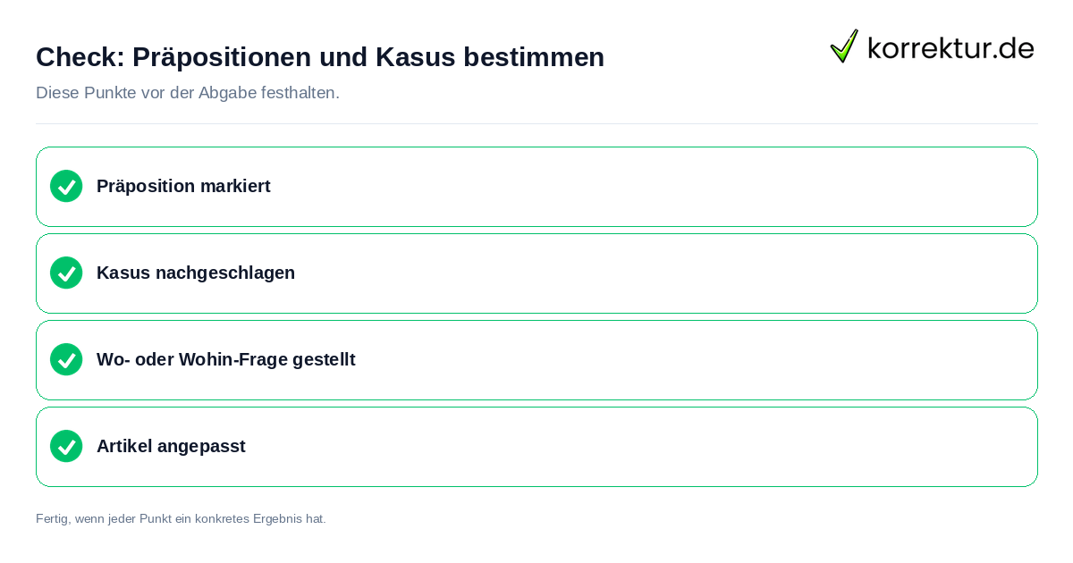 Präpositionen und Kasus bestimmen: Prüfliste mit vier Punkten